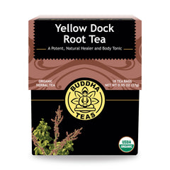 Buddha Teas Organic Yellow Dock Root Tea Pack highlights certified organic quality.