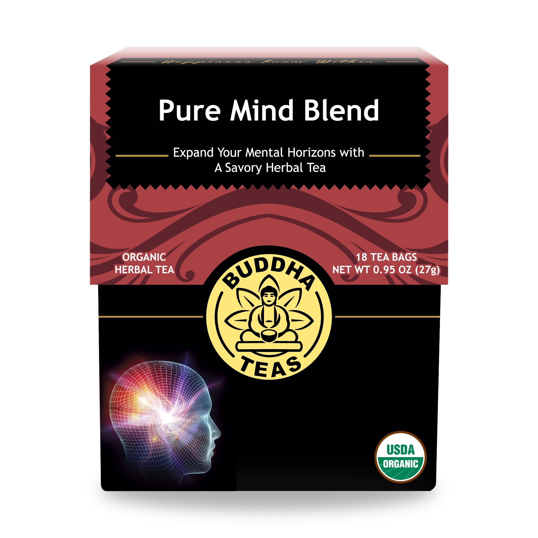 Buddha Teas Pure Mind Blend cup steaming for focused relaxation