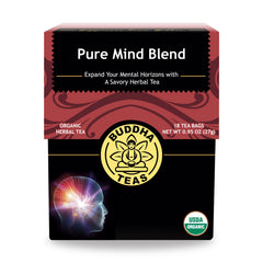 Buddha Teas Pure Mind Blend cup steaming for focused relaxation