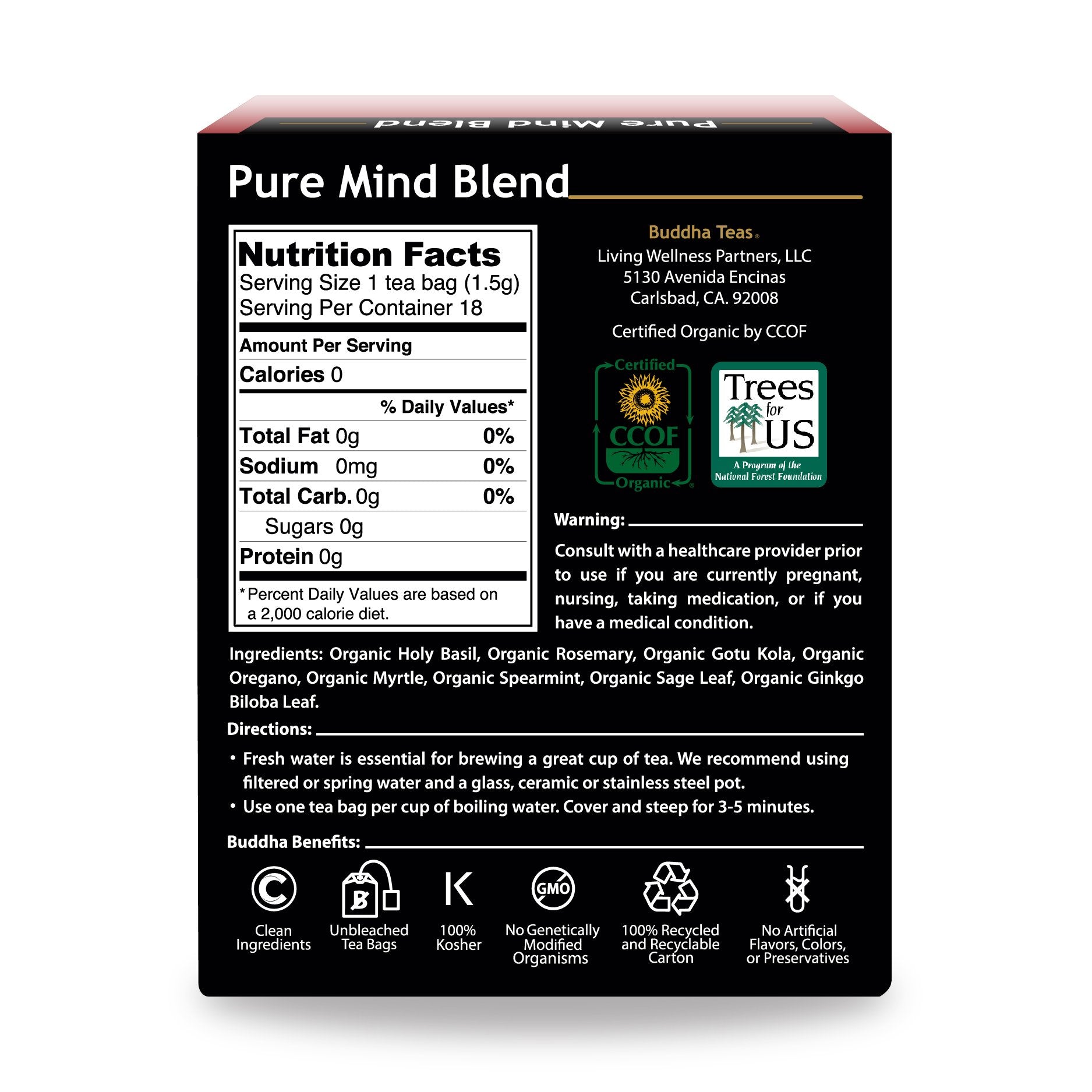 Buddha Teas Pure Mind Blend tea bags arranged for caffeine-free calm