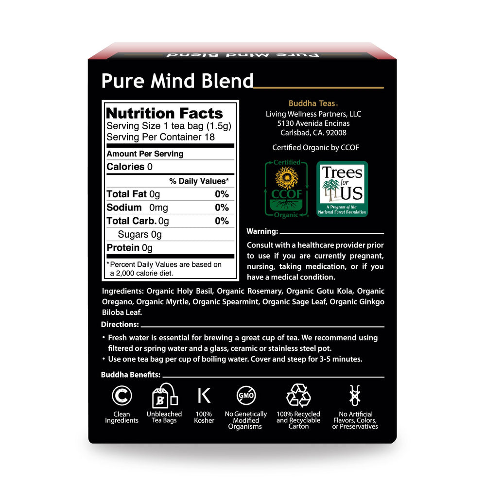 Buddha Teas Pure Mind Blend tea bags arranged for caffeine-free calm
