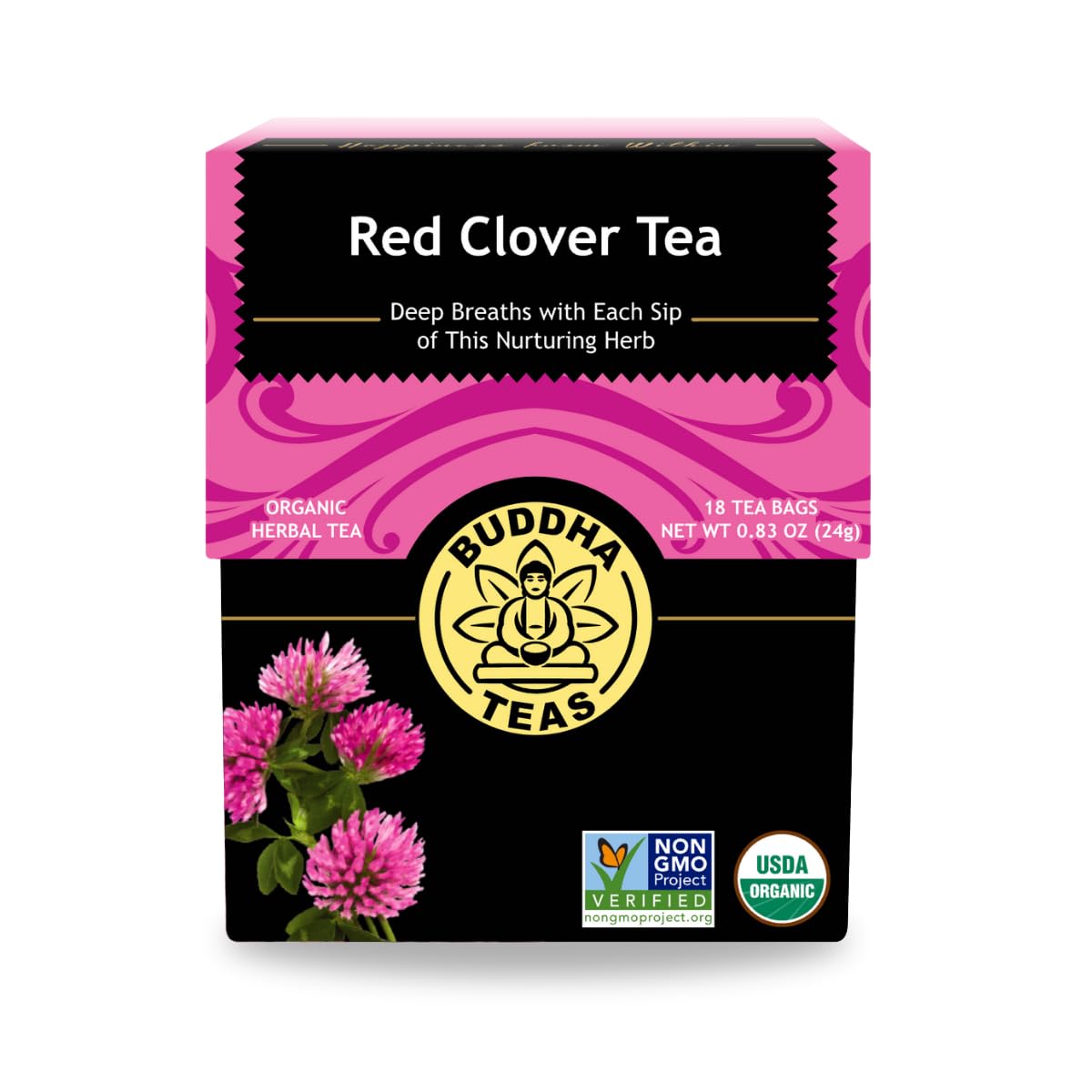 Buddha Teas red clover tea bag in pack for everyday caffeine-free sipping