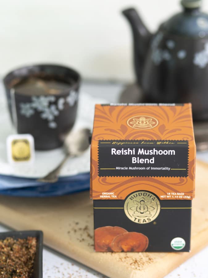 Buddha Teas Reishi Mushroom Blend label shows branding and ingredients list