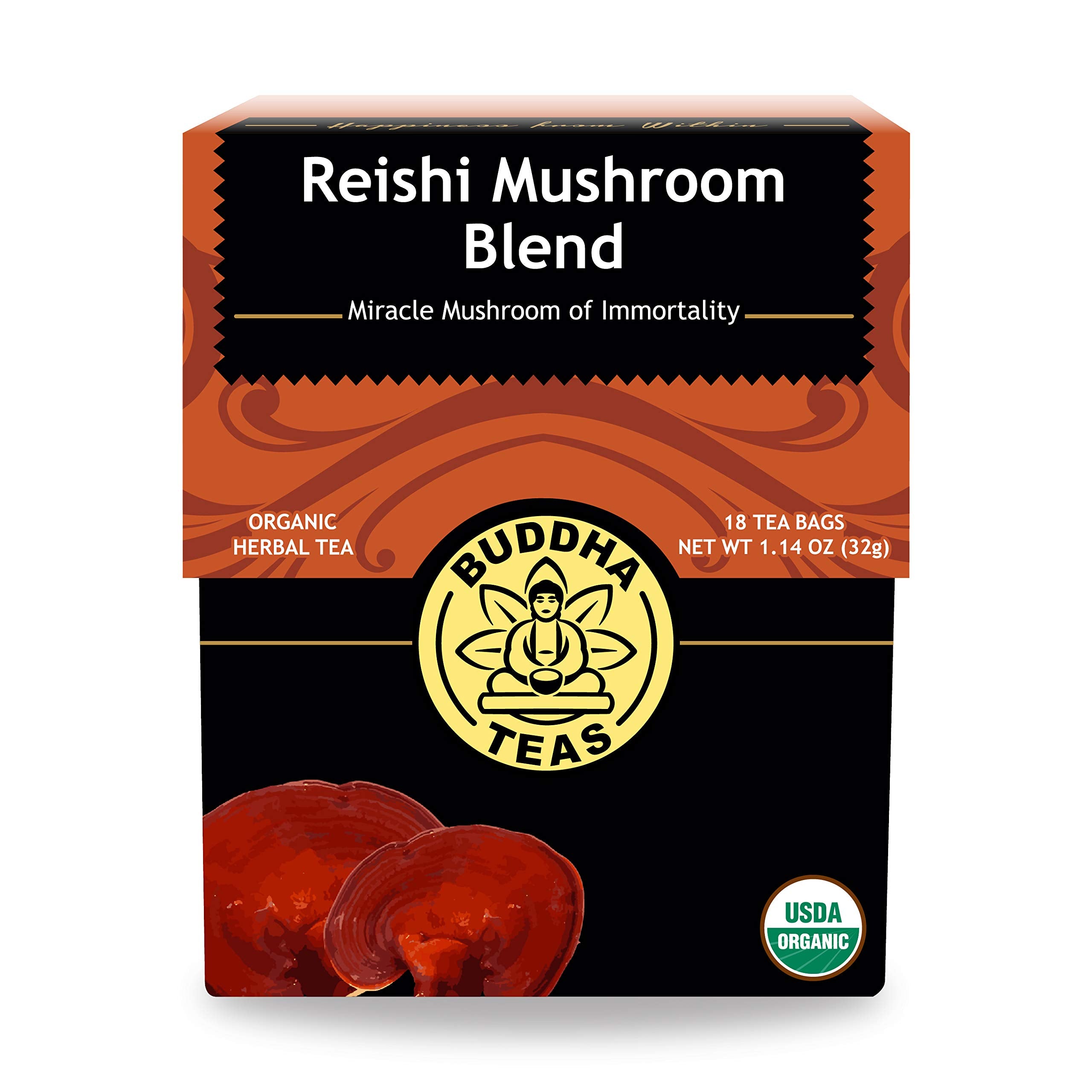 Buddha Teas Reishi Mushroom Blend tea bags ready for a soothing evening ritual