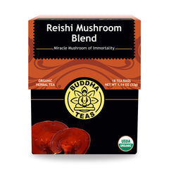 Buddha Teas Reishi Mushroom Blend tea bags ready for a soothing evening ritual