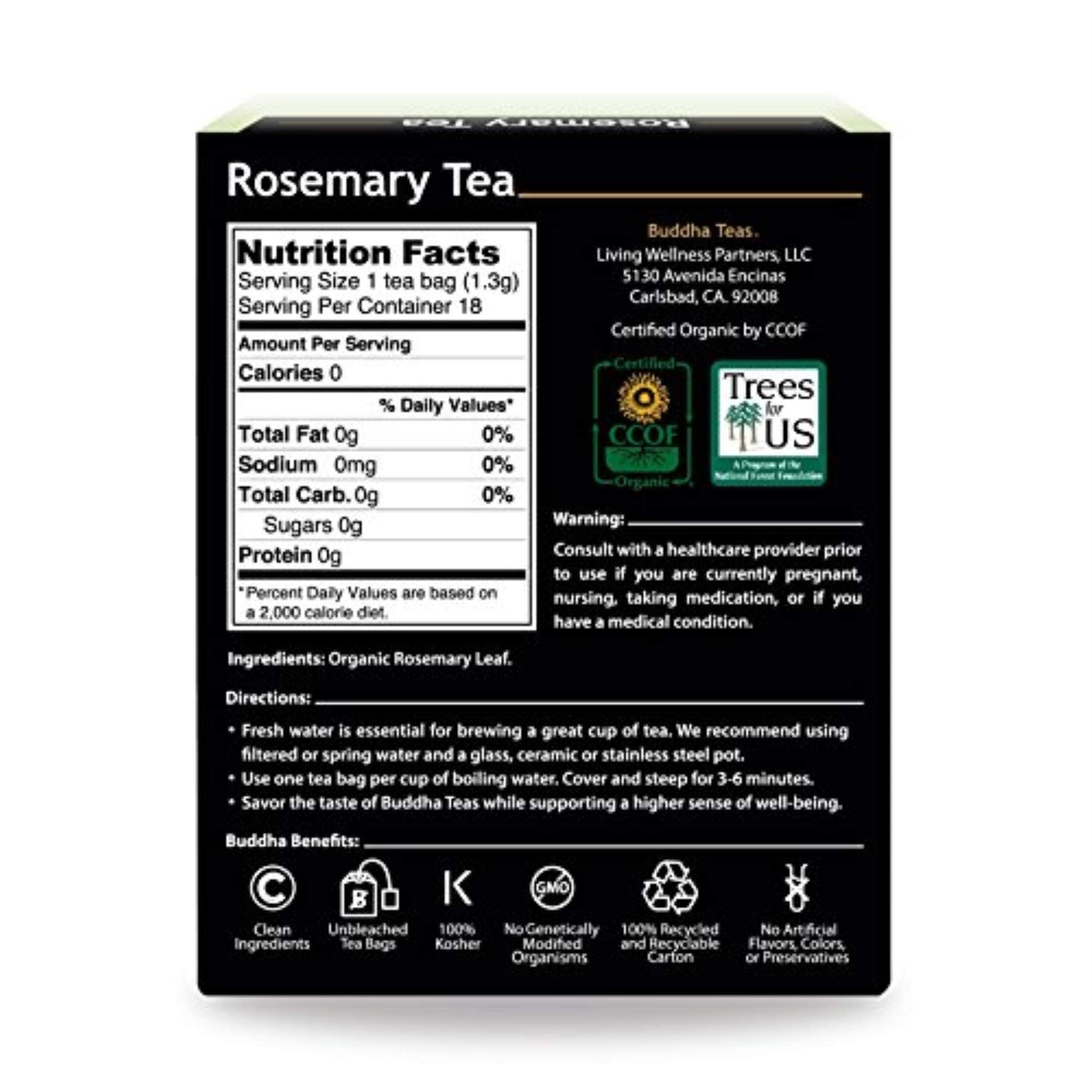 Buddha Teas rosemary tea steeping cup showing a savory calming brew for mental clarity