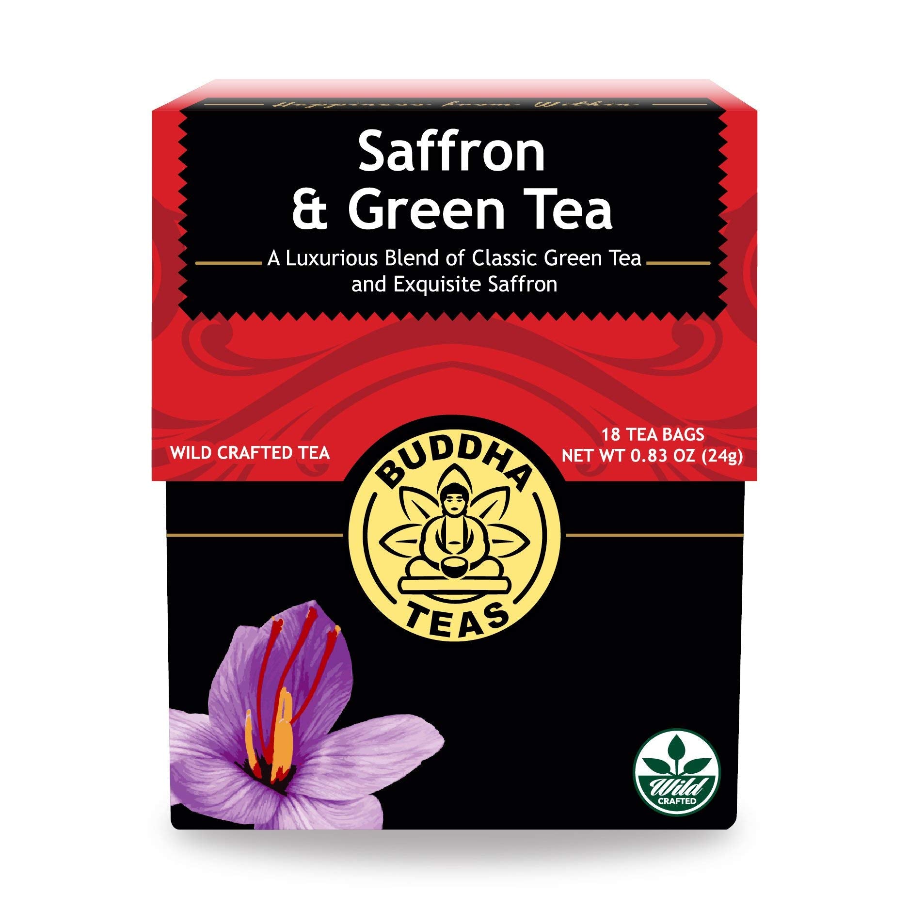 Buddha Teas saffron green tea pack, premium blend for a refined tea experience.
