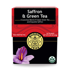 Buddha Teas saffron green tea pack, premium blend for a refined tea experience.