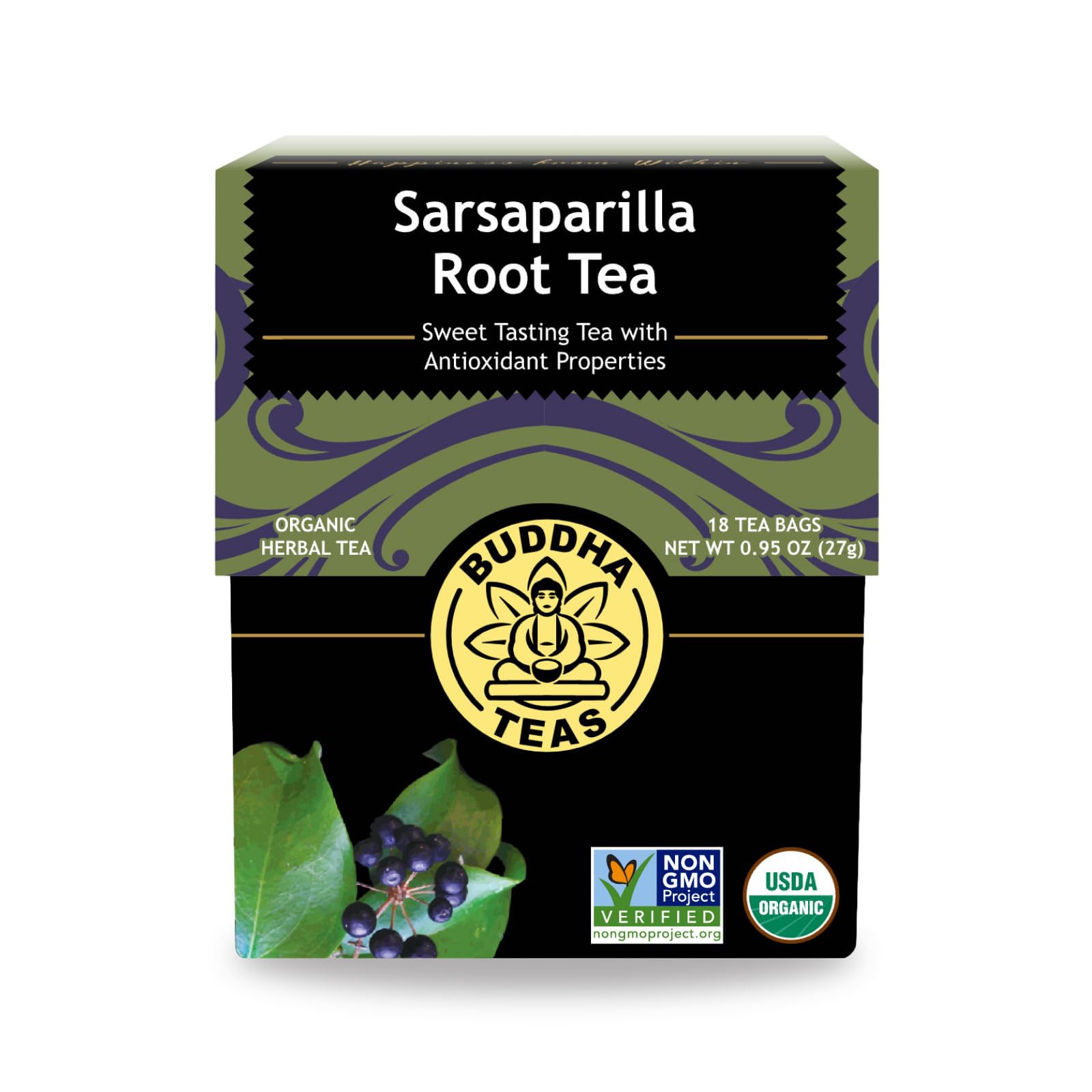 Buddha Teas Sarsaparilla Root Tea pack 18 bags, organic and caffeine-free.