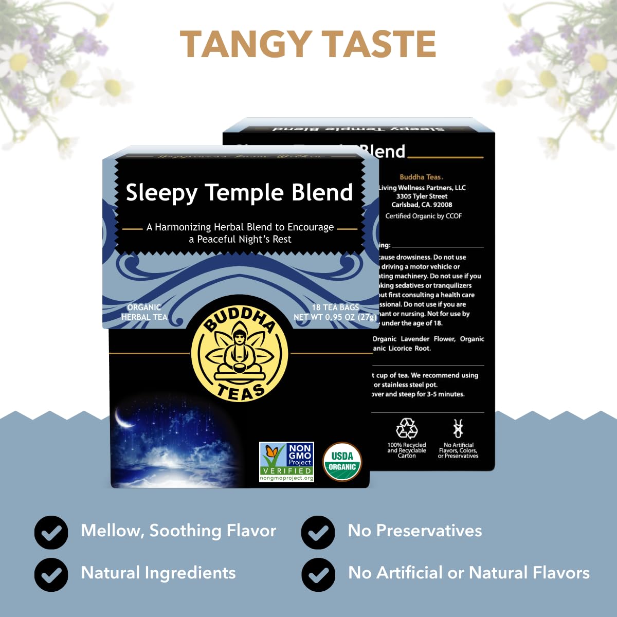 Buddha Teas Sleepy Temple Blend brewed cup inviting a gentle, restful moment.