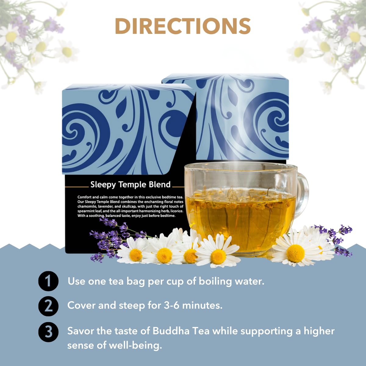 Buddha Teas Sleepy Temple Blend chamomile-lavender notes envelop a quiet, relaxing moment.