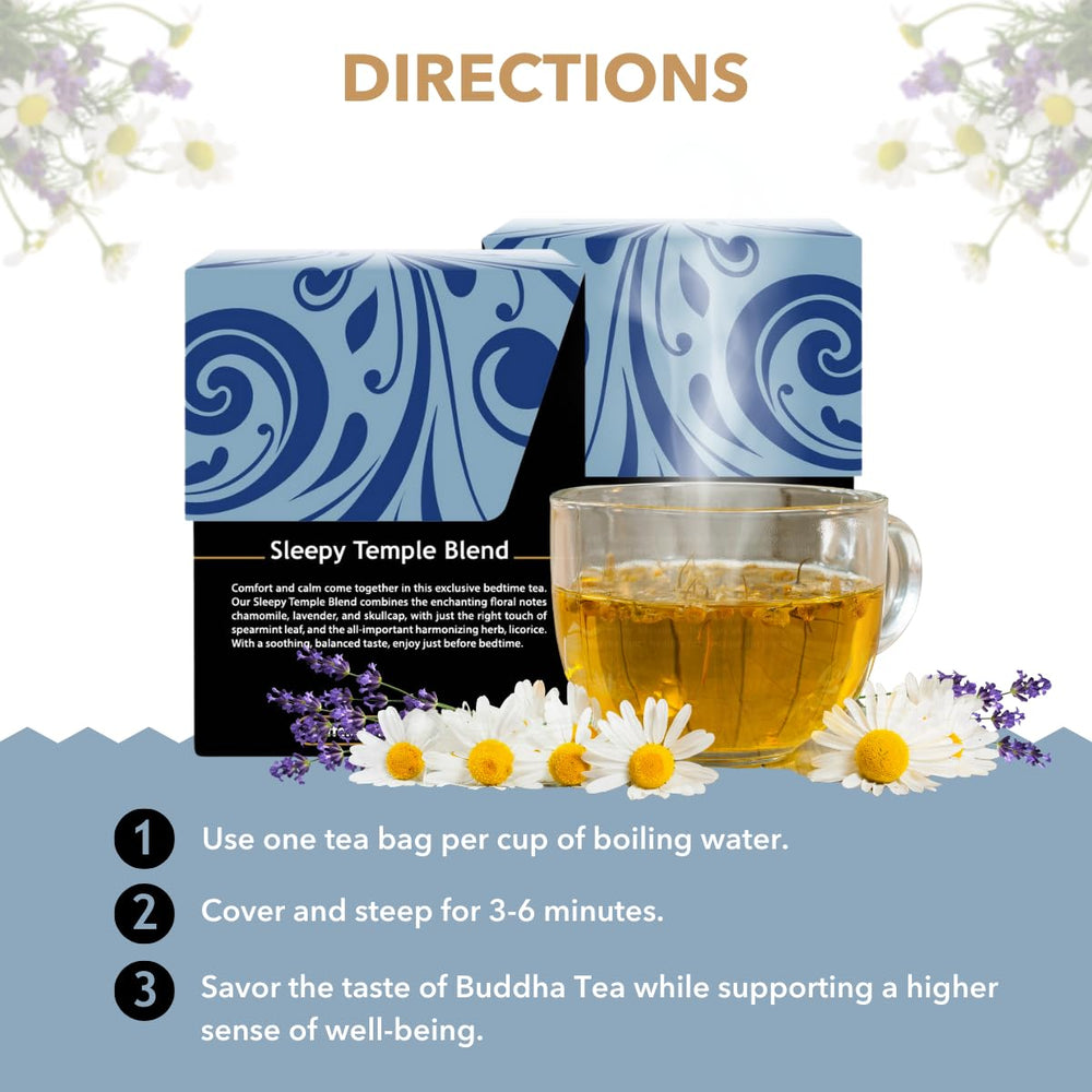 Buddha Teas Sleepy Temple Blend chamomile-lavender notes envelop a quiet, relaxing moment.
