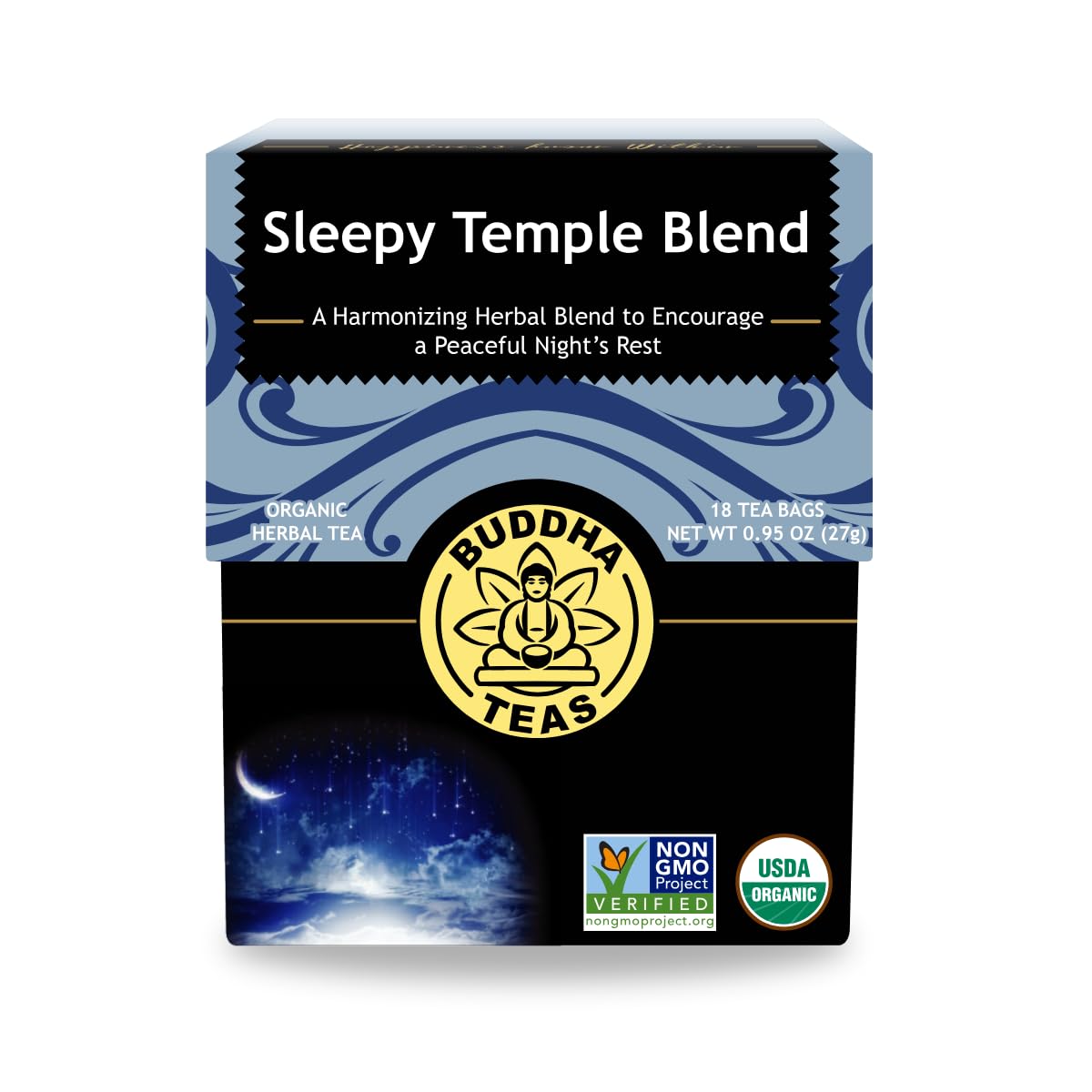 Buddha Teas Sleepy Temple Blend pack shown, a caffeine-free option for calming evenings.