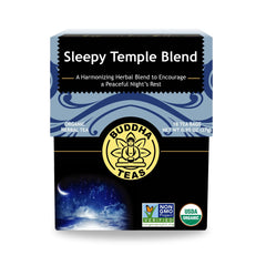 Buddha Teas Sleepy Temple Blend pack shown, a caffeine-free option for calming evenings.