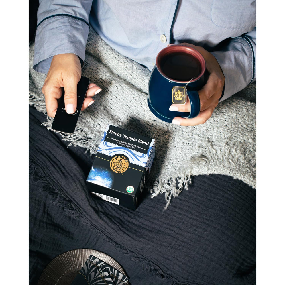 Buddha Teas Sleepy Temple Blend packaging sits neatly, offering a wholesome, organic caffeine-free option.