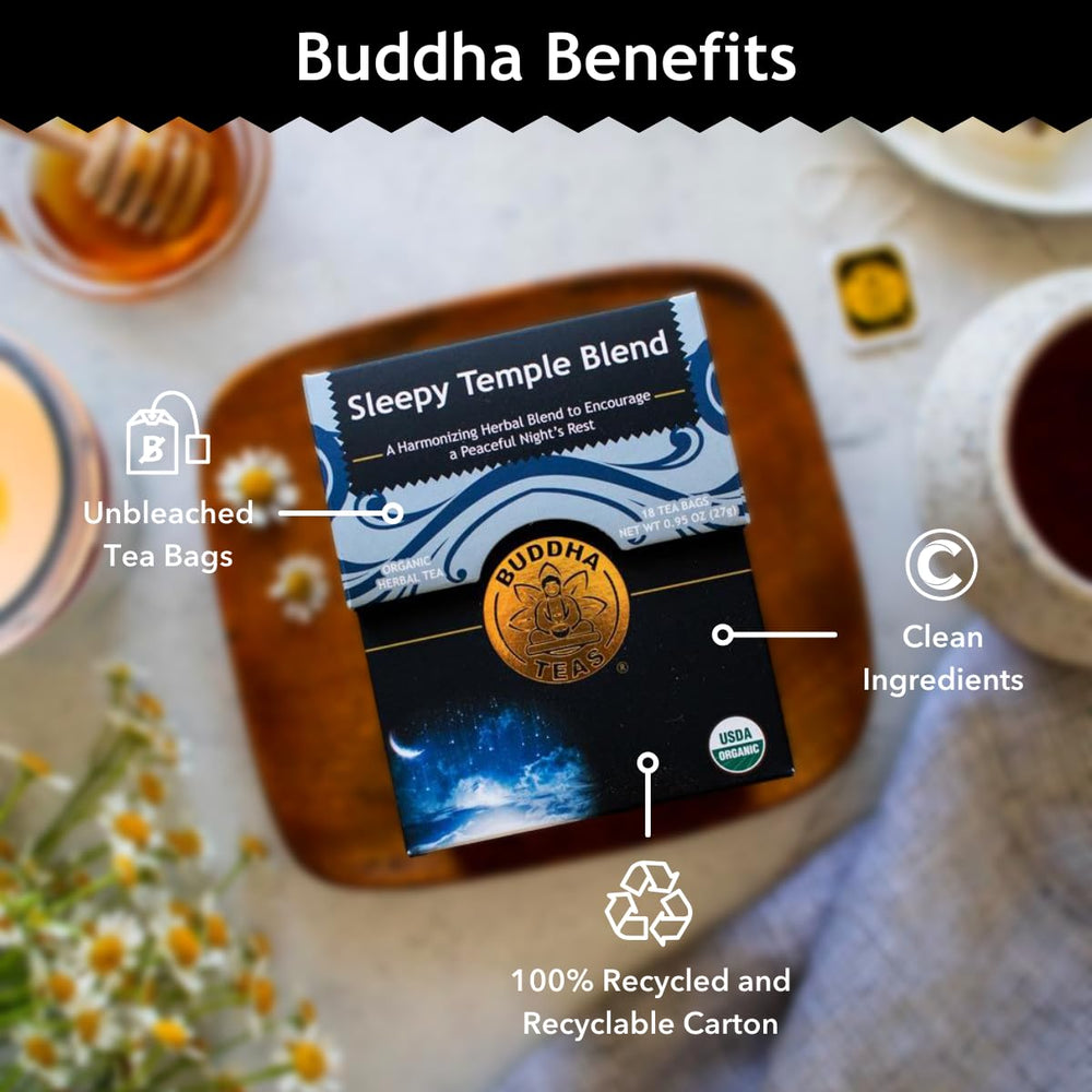 Buddha Teas Sleepy Temple Blend spearmint-licorice aroma enhances balance during evening tea.
