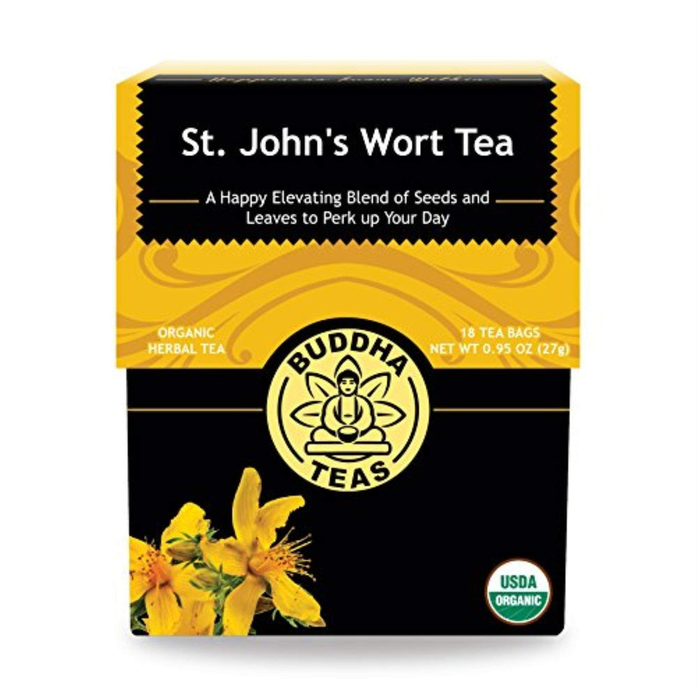 Buddha Teas St John's Wort tea bags arranged for a calming ritual