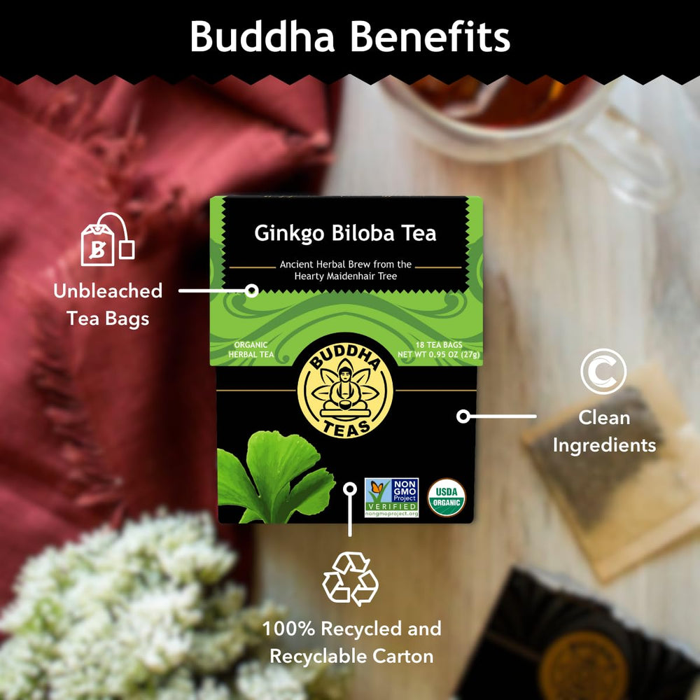 Buddha Teas steaming cup of Ginkgo Biloba tea supports a balanced daily routine.