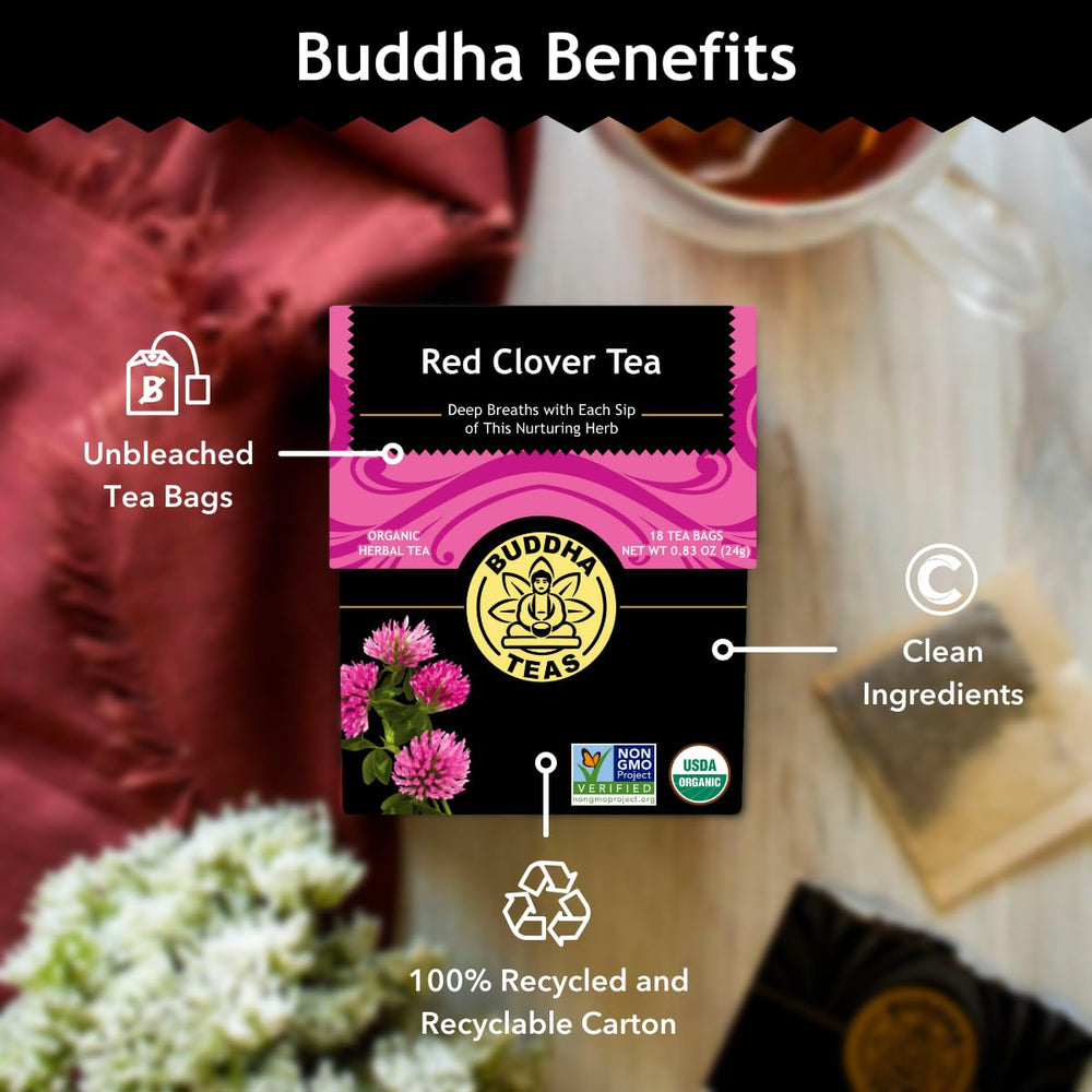 Buddha Teas steeping red clover tea cup captures soothing caffeine-free moment