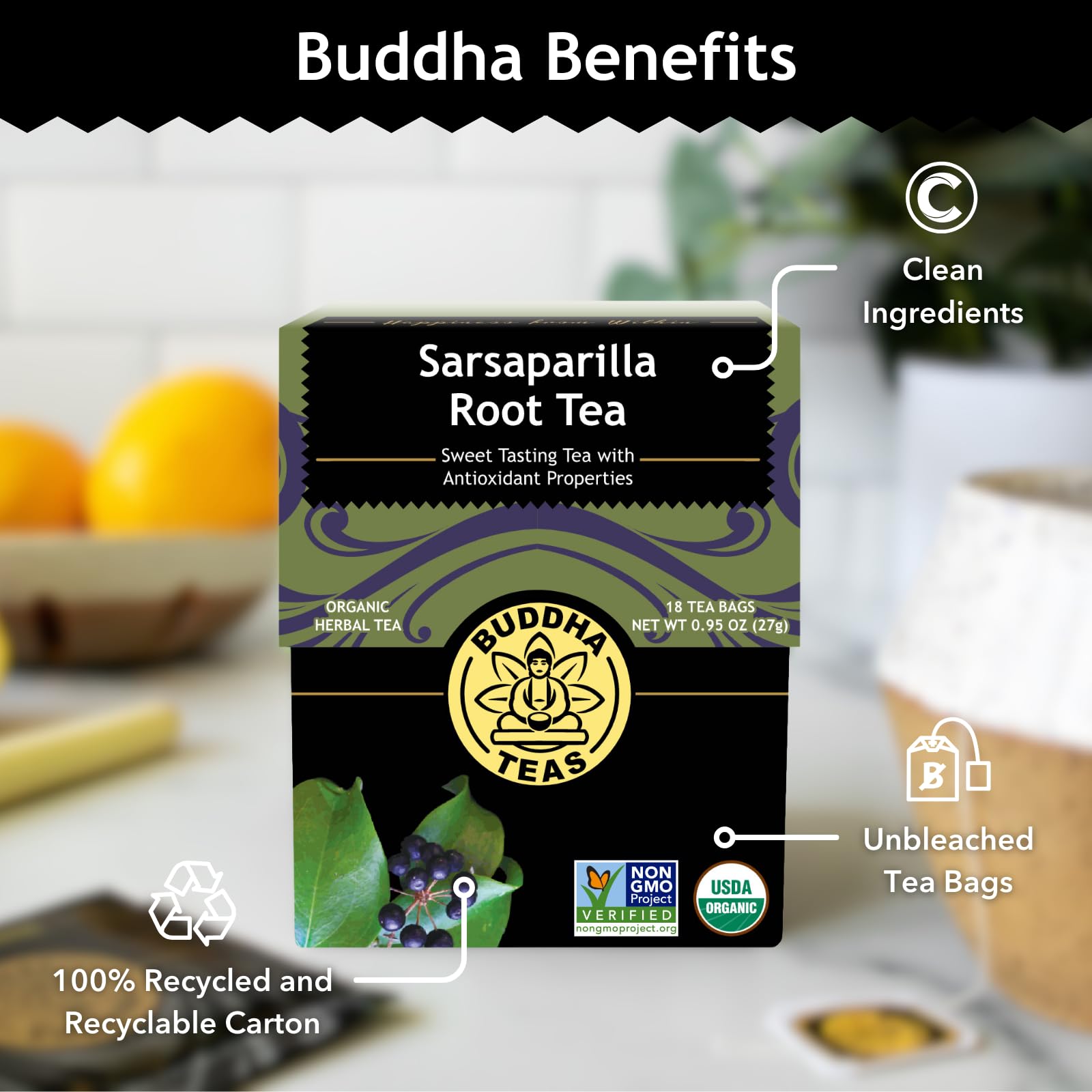 Buddha Teas steeping sarsaparilla tea hot, cozy ritual with antioxidants.
