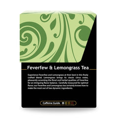 Steaming cup of Buddha Teas feverfew-lemongrass promotes a caffeine-free moment of calm
