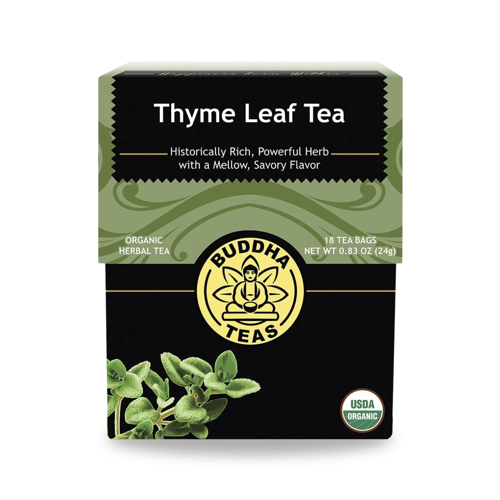Buddha Teas Thyme Leaf Tea bags ready for a soothing, caffeine-free sip.