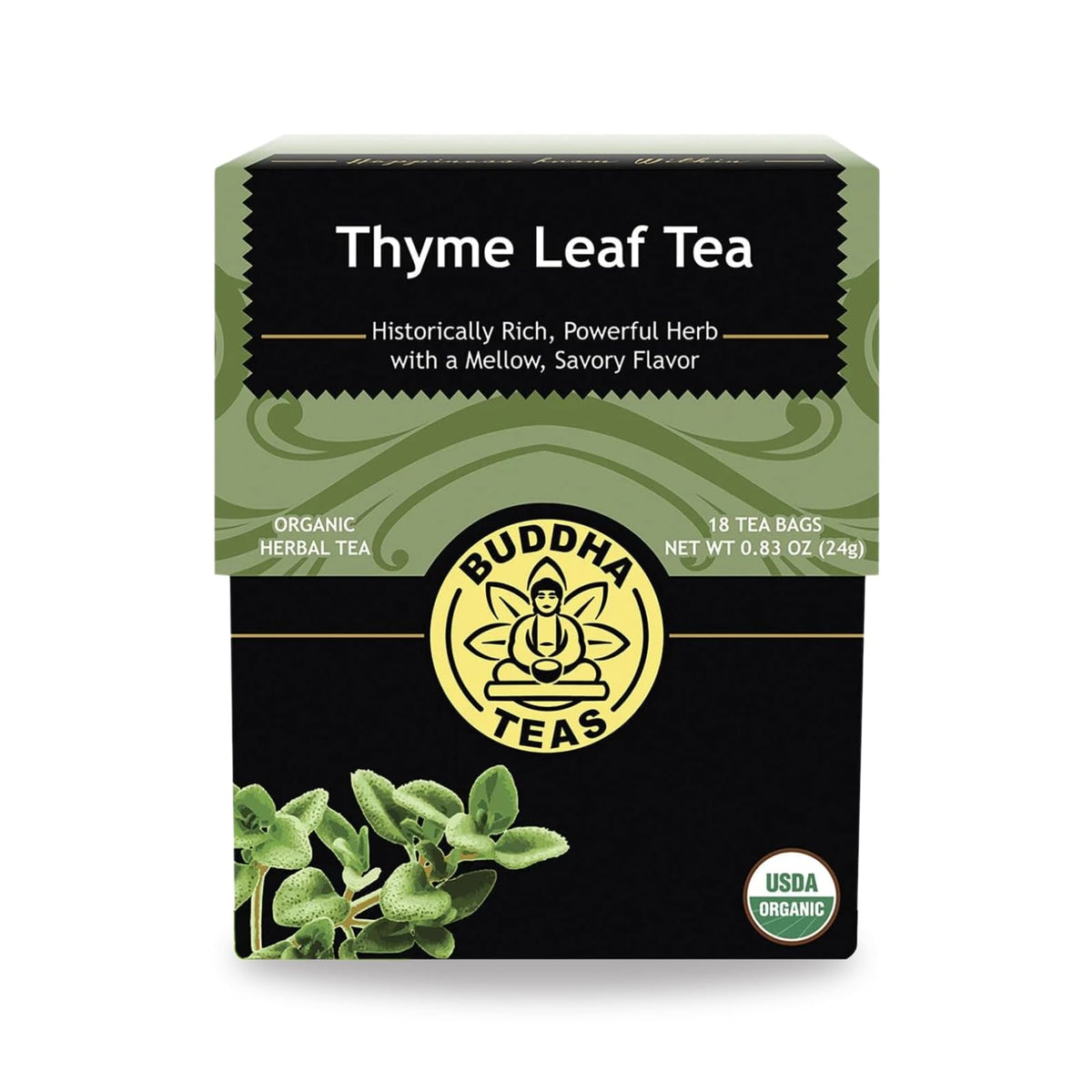 Buddha Teas Thyme Leaf Tea bags ready for a soothing, caffeine-free sip.