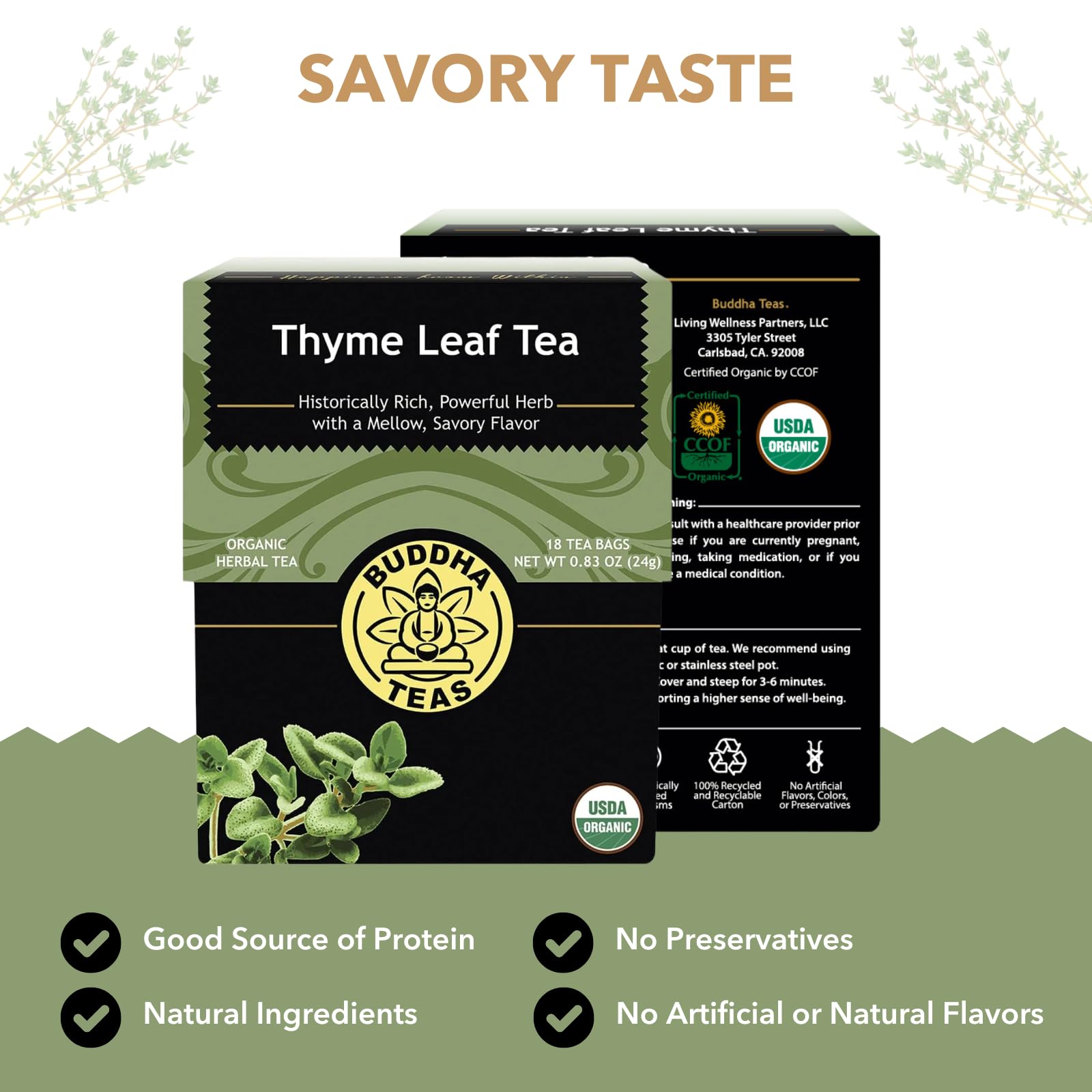 Buddha Teas Thyme Leaf Tea packets offer a comforting, herb-forward aroma.
