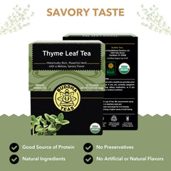 Buddha Teas Thyme Leaf Tea packets offer a comforting, herb-forward aroma.