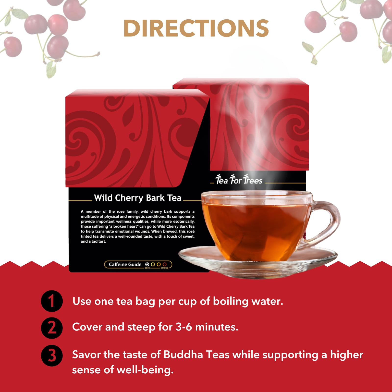 Buddha Teas wild cherry bark tea brew closeup reveals rich color and natural flavor.