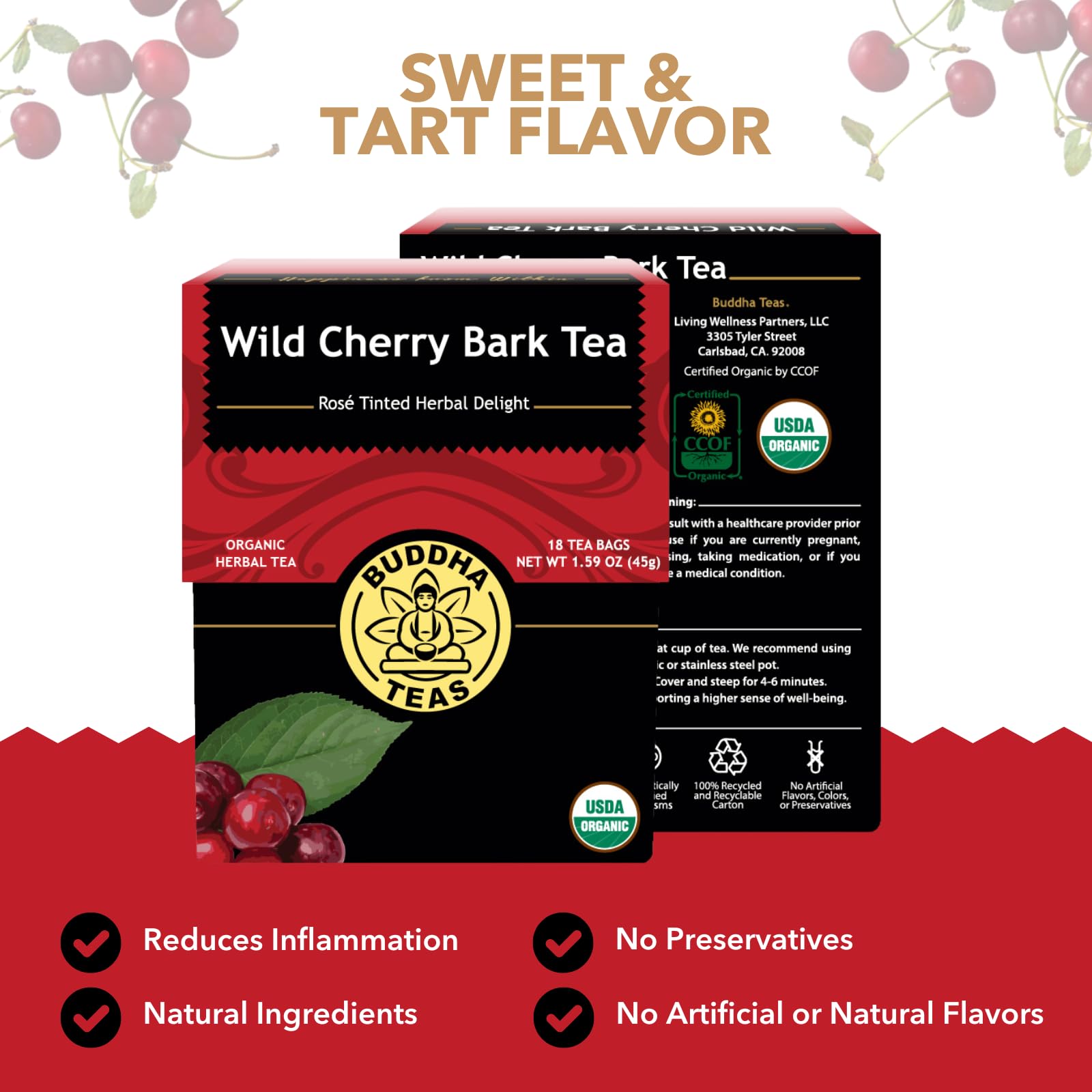 Buddha Teas wild cherry bark tea cup steep highlights calm, aromatic infusion.