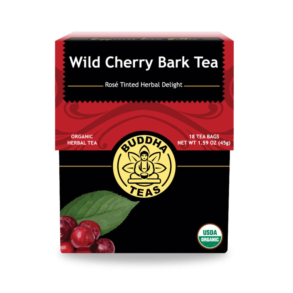 Buddha Teas wild cherry bark tea pack front shows organic, caffeine-free herbal tea.