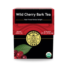 Buddha Teas wild cherry bark tea pack front shows organic, caffeine-free herbal tea.