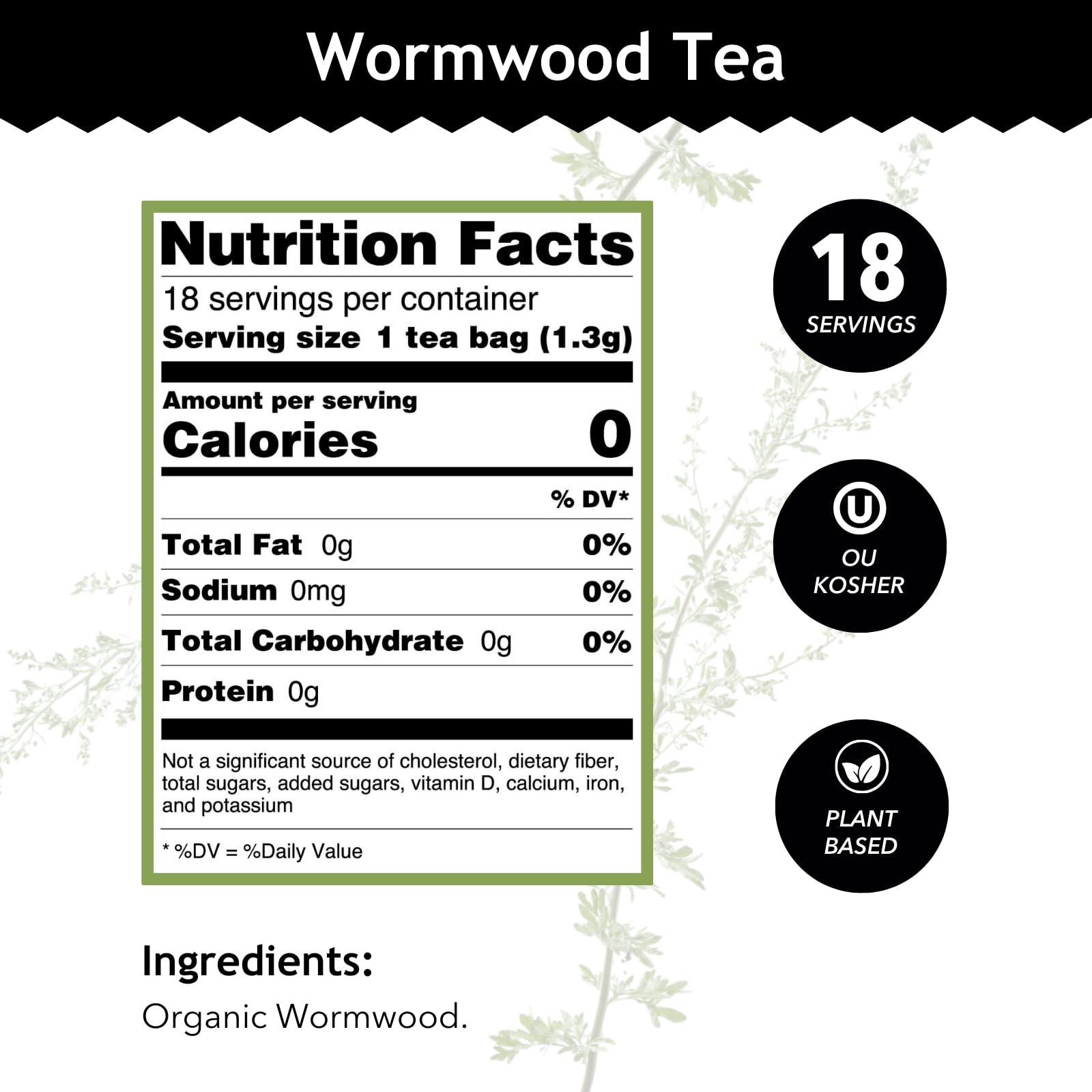 Buddha Teas Wormwood Tea bag in cup for a bitter, caffeine-free brew.