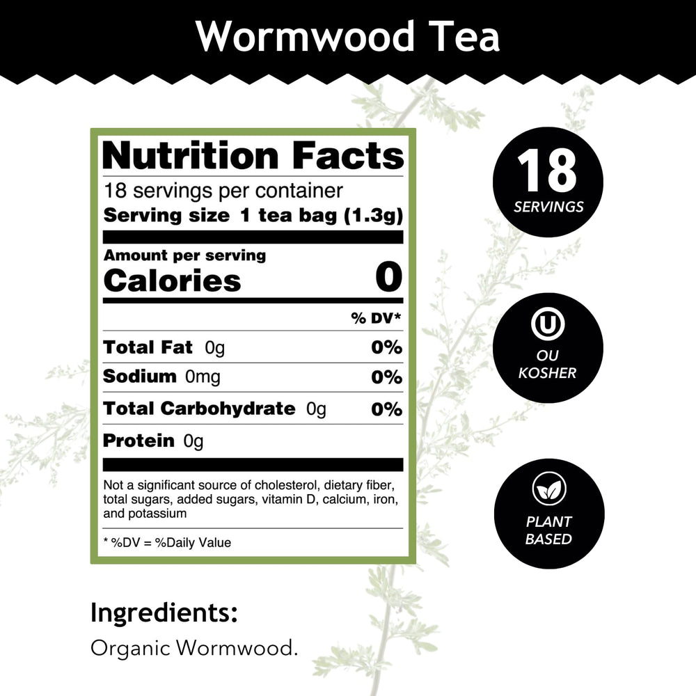 Buddha Teas Wormwood Tea bag in cup for a bitter, caffeine-free brew.