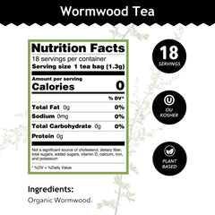 Buddha Teas Wormwood Tea bag in cup for a bitter, caffeine-free brew.
