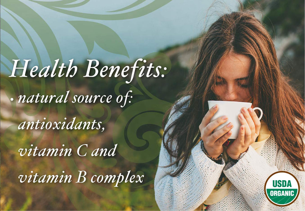 Buddha Teas Wormwood Tea ingredients panel highlights caffeine-free, additive-free composition.