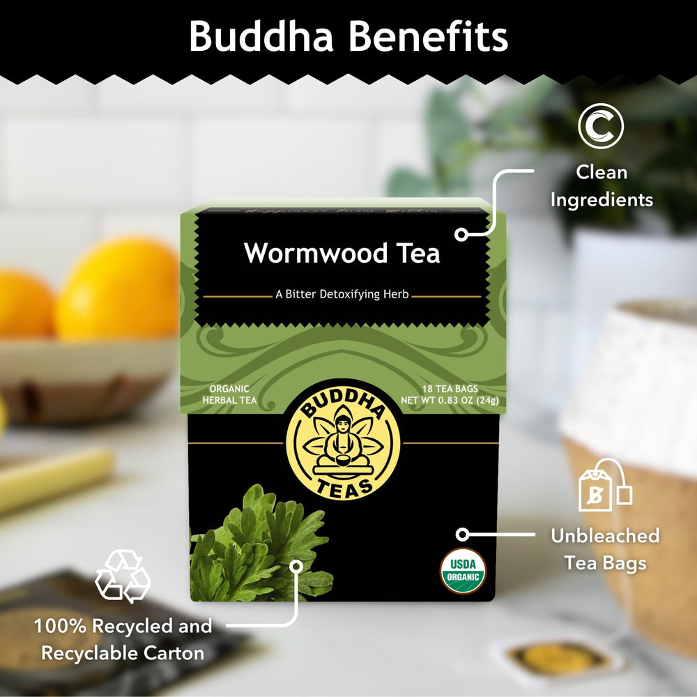 Buddha Teas Wormwood Tea packaging label shows organic, non-GMO credentials.