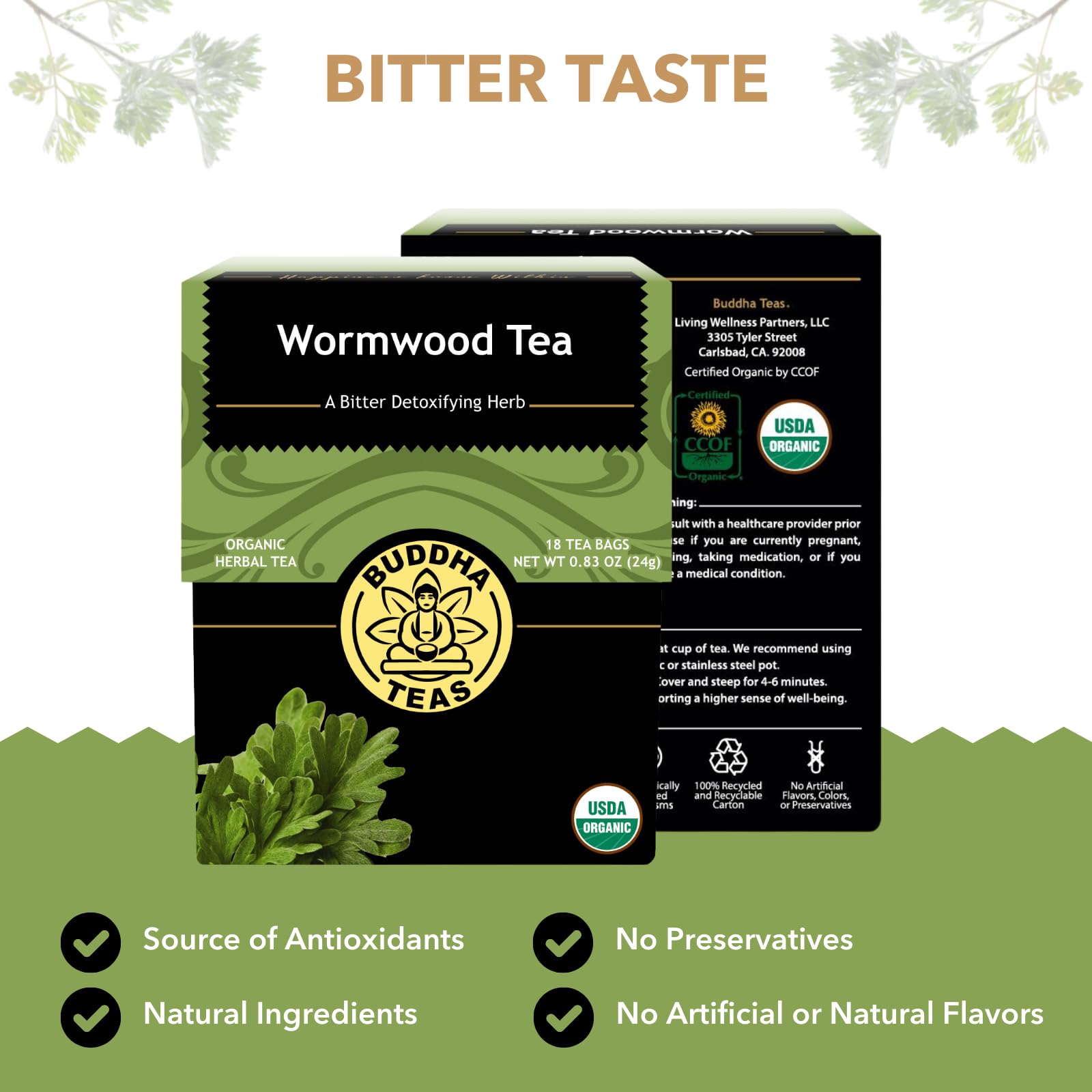 Buddha Teas Wormwood Tea steeping cup offering ceremonial aroma and bold flavor.