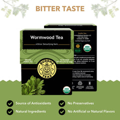 Buddha Teas Wormwood Tea steeping cup offering ceremonial aroma and bold flavor.