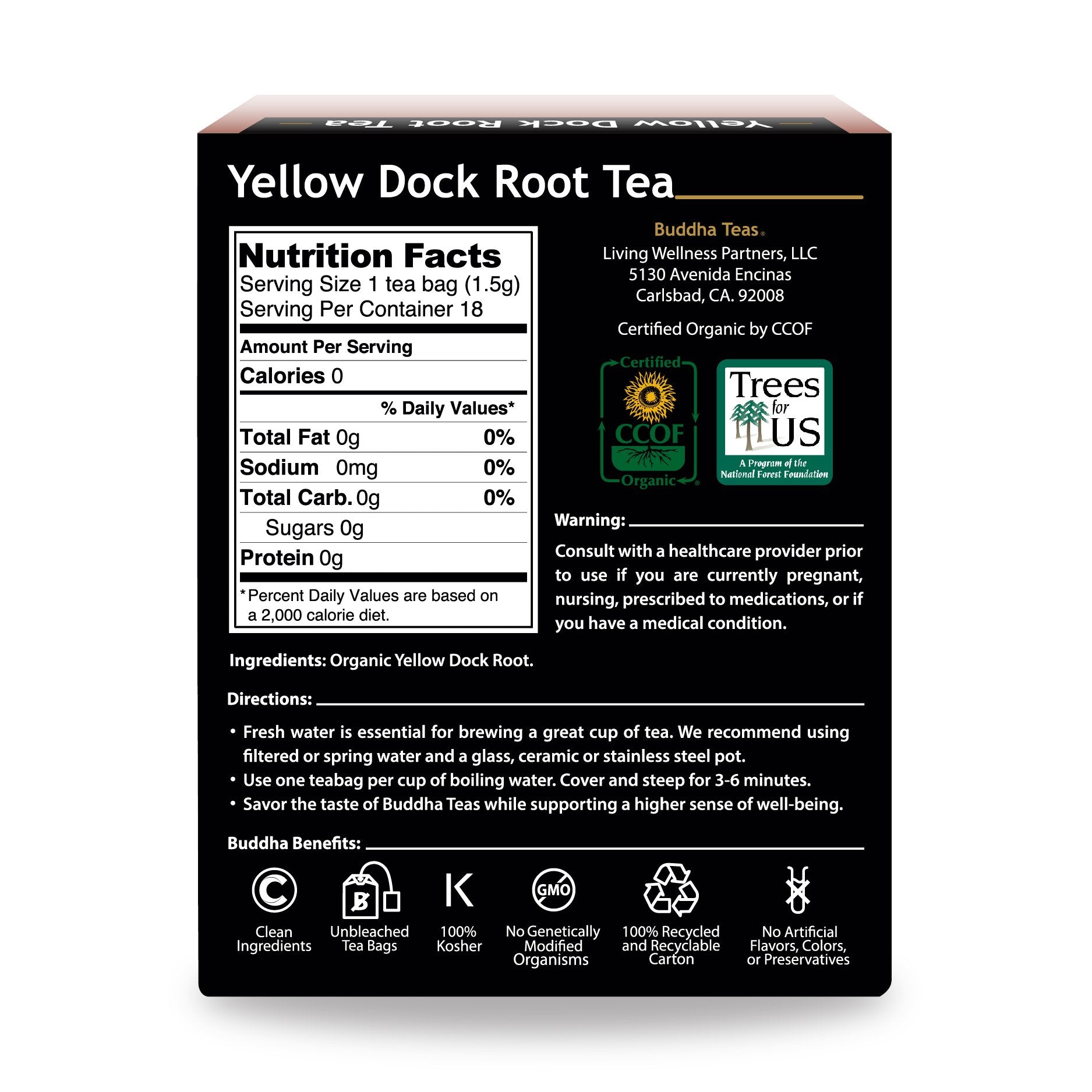 Buddha Teas Yellow Dock Root Tea Bags closeup emphasizes bleach-free packaging.