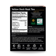 Buddha Teas Yellow Dock Root Tea Bags closeup emphasizes bleach-free packaging.