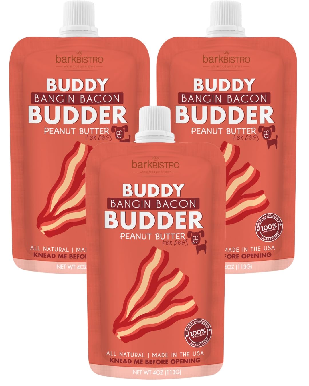 Buddy Budder Bangin Bacon packaging highlighting real bacon flavor for dogs.