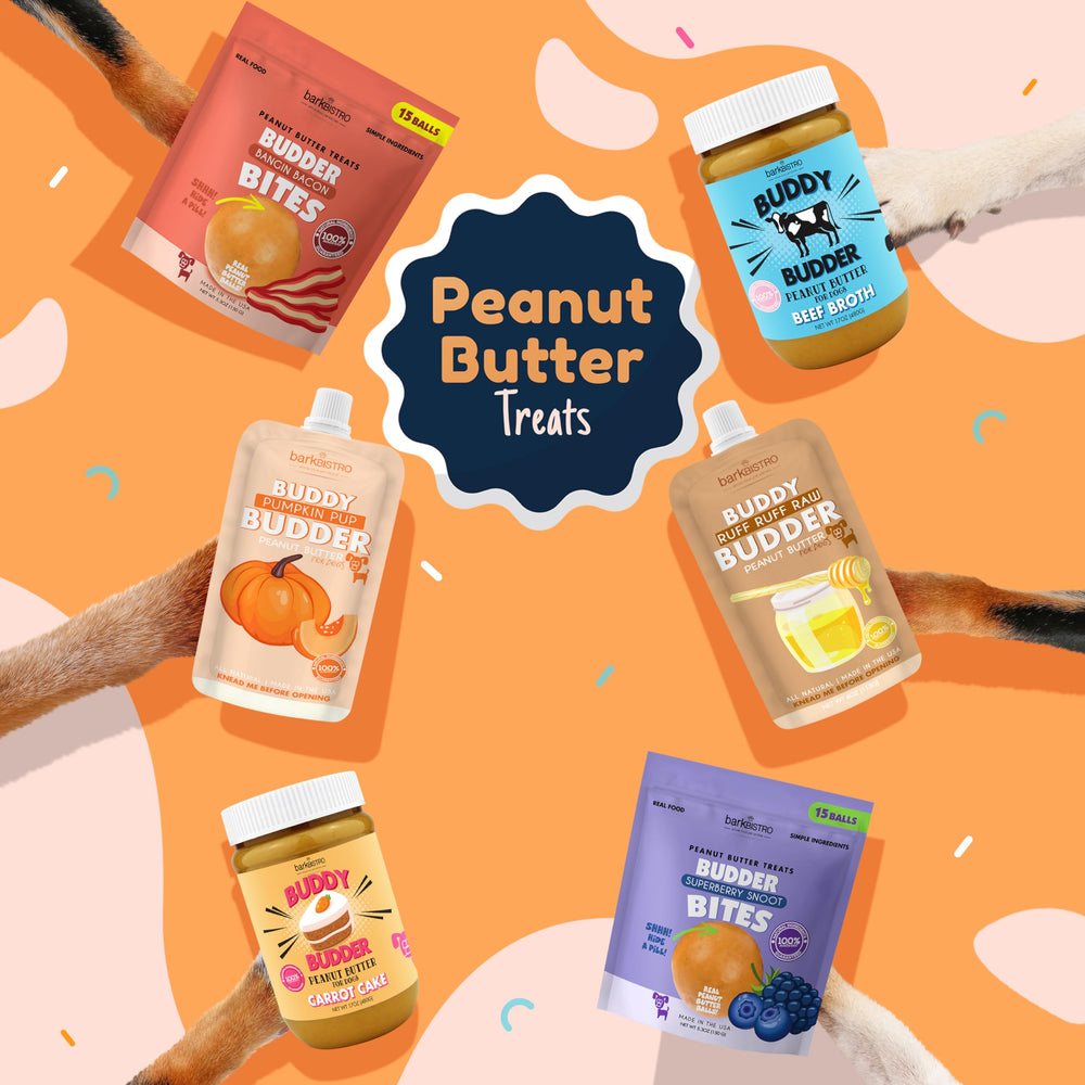 Buddy Budder serving ideas show how to top treats or fill toys.