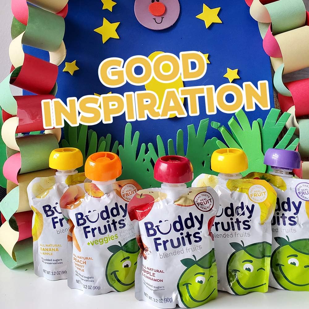 Buddy Fruits pouch tucked in a backpack, travel-friendly snack.