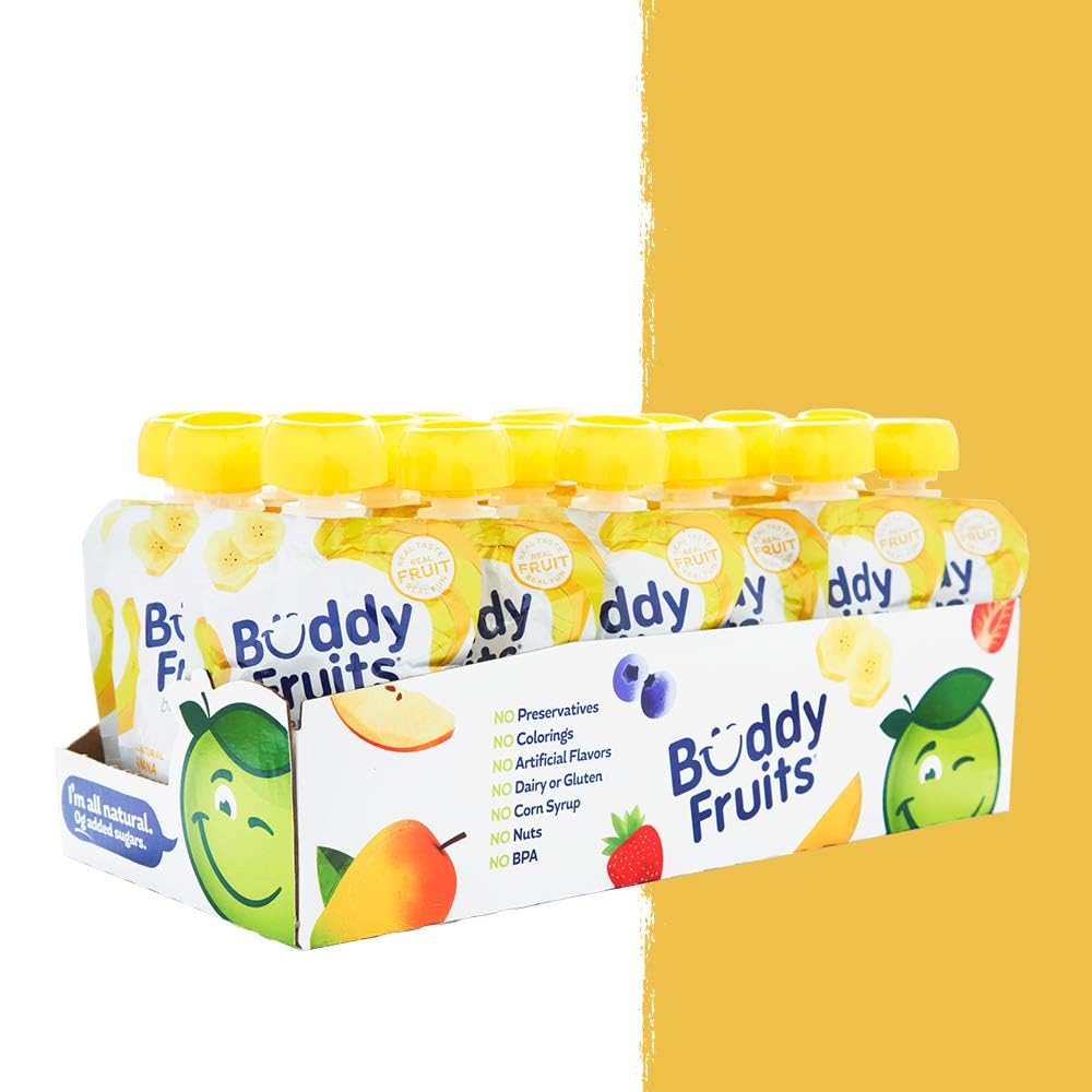 Buddy Fruits BPA-free packaging icon on pouch label.