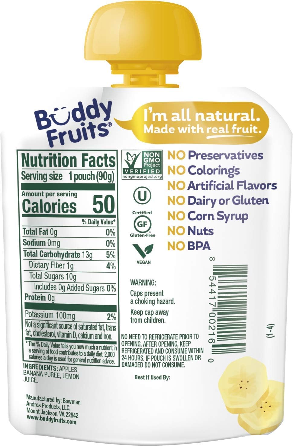 Buddy Fruits banana applesauce 3.2 oz pouch close-up, 18-pack value for busy families.
