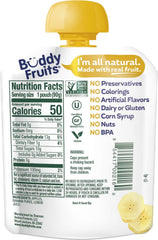 Buddy Fruits banana applesauce 3.2 oz pouch close-up, 18-pack value for busy families.