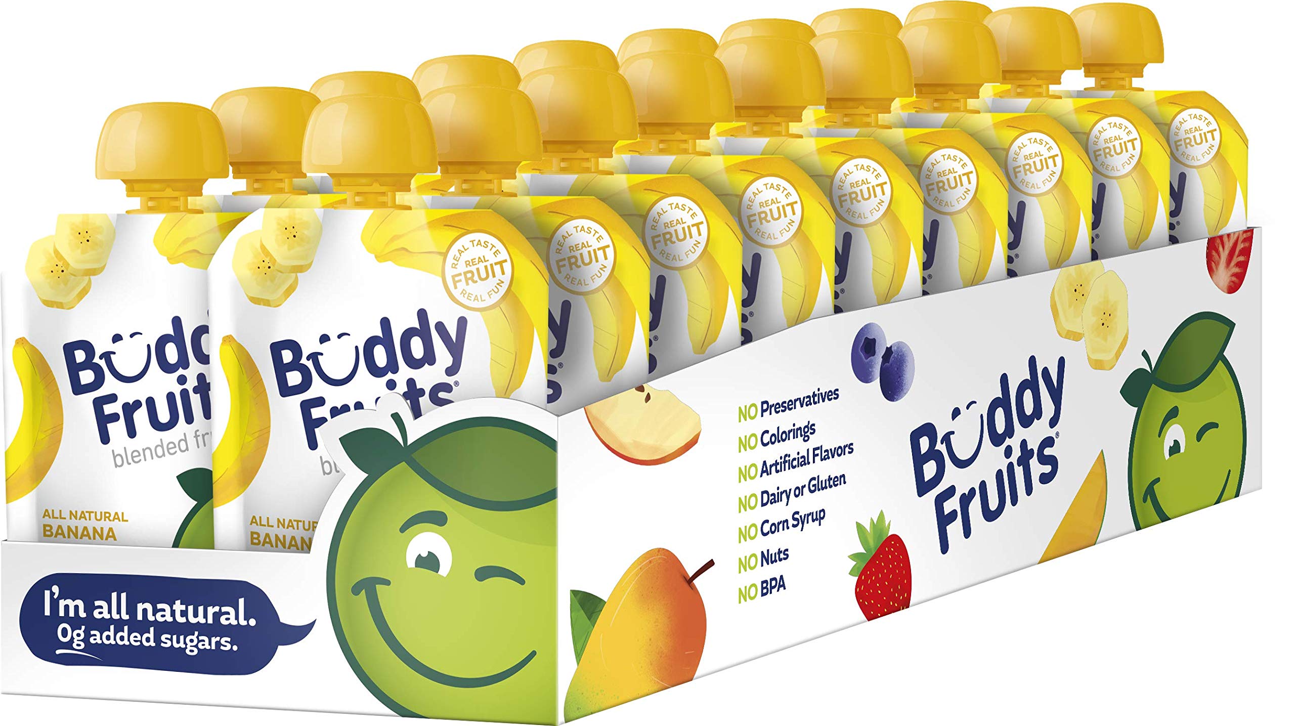 Buddy Fruits banana applesauce pouch front view, kid-friendly on-the-go snack.