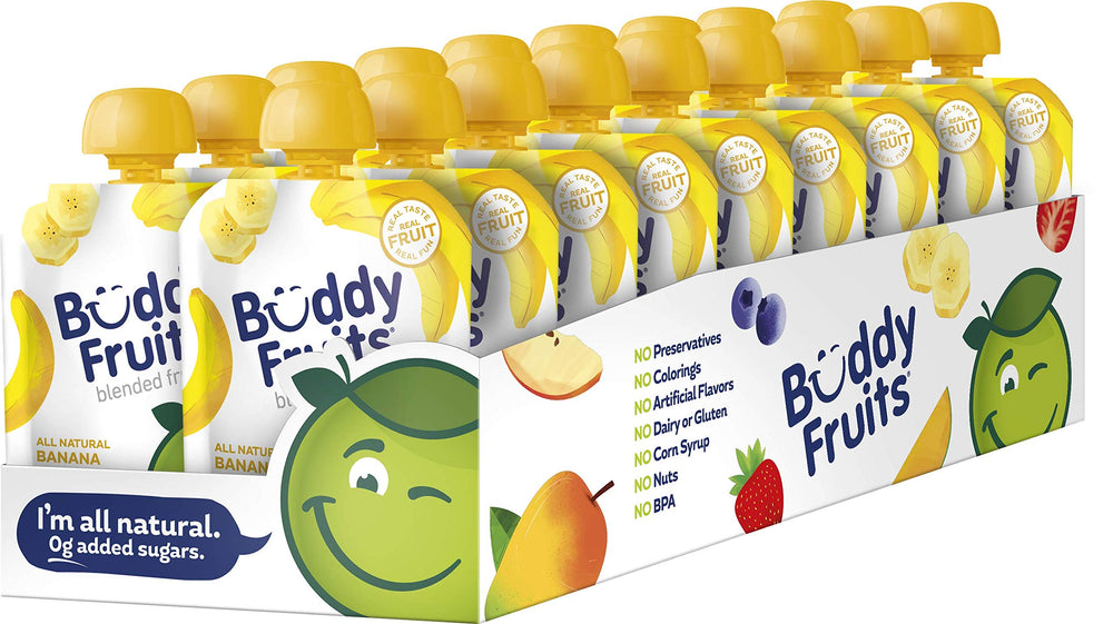 Buddy Fruits banana applesauce pouch front view, kid-friendly on-the-go snack.